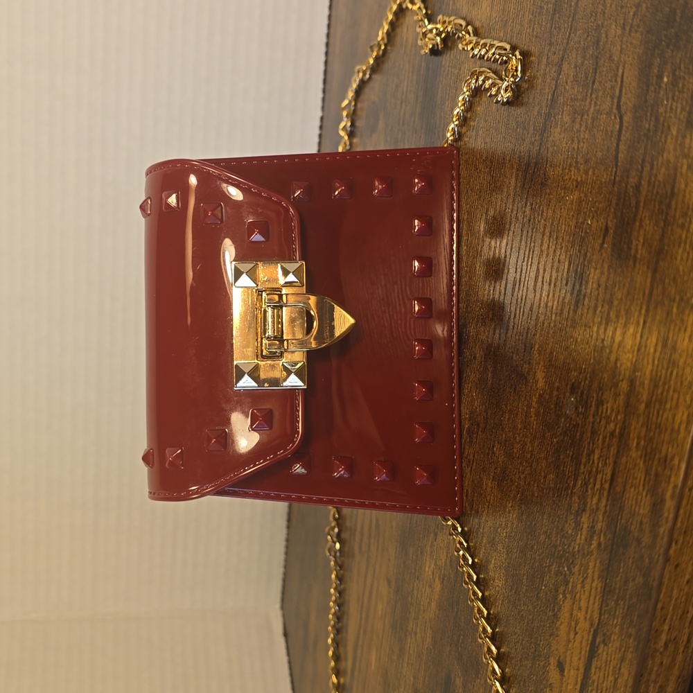 Womens Girls Mini Jelly Purse Dark Red with Gold Chain and Gold Accents